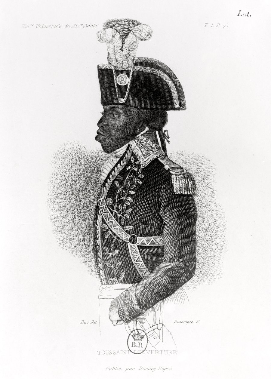 Retrato de Toussaint L&39;Ouverture (1743-1803) da &39;História Universal do século XIX&39; gravado por Joseph Julien Guillaume Dulompre (n. 1789) de Duc