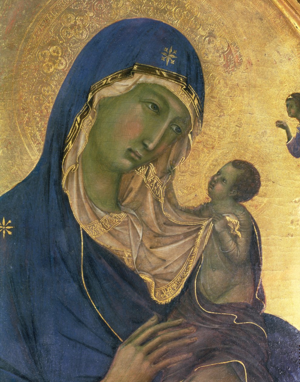 Madonna e criança com SS. Dominic e Aurea, detalhe da Madonna e da Criança, c.1315 (têmpera no painel) (detalhe de 28972) de Duccio di Buoninsegna