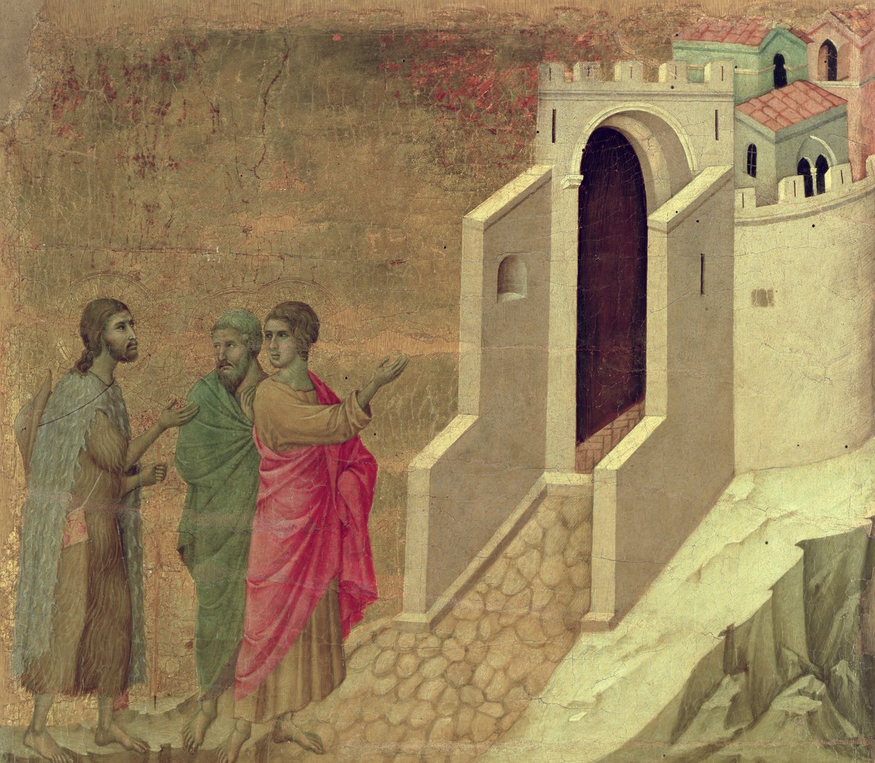 Maesta: Cristo aparecendo na estrada para Emaús, 1308-11 de Duccio di Buoninsegna