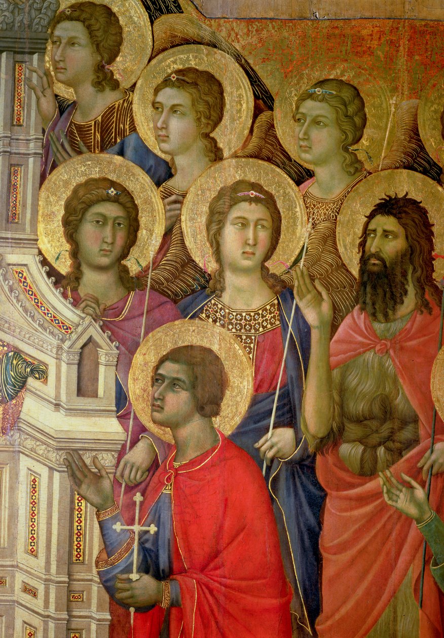 Maesta: Detalhe dos Santos, incluindo São João Batista, 1308-11 de Duccio di Buoninsegna