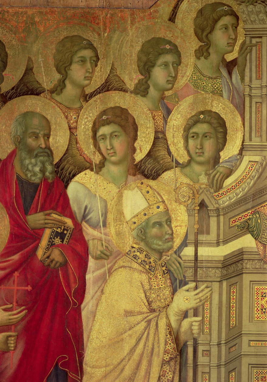 Maesta: Santos, (detalhe), 1308-11 (tempera no painel) de Duccio di Buoninsegna