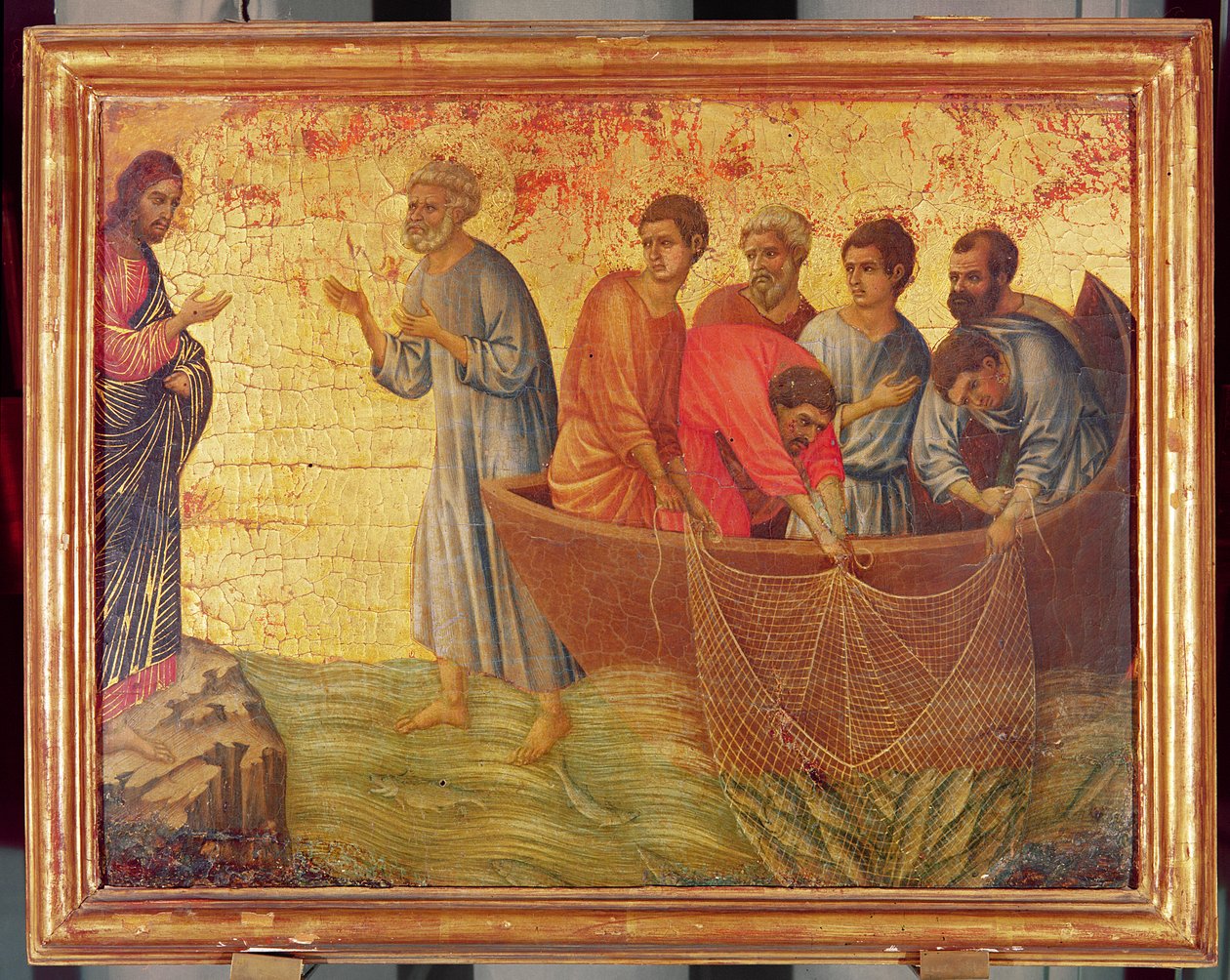 A Aparição no Lago de Tiberiade, da história de Cristo depois da Ressurreição, o verso do retábulo de Maesta, terminou em 1311 (têmpera no painel) de Duccio di Buoninsegna