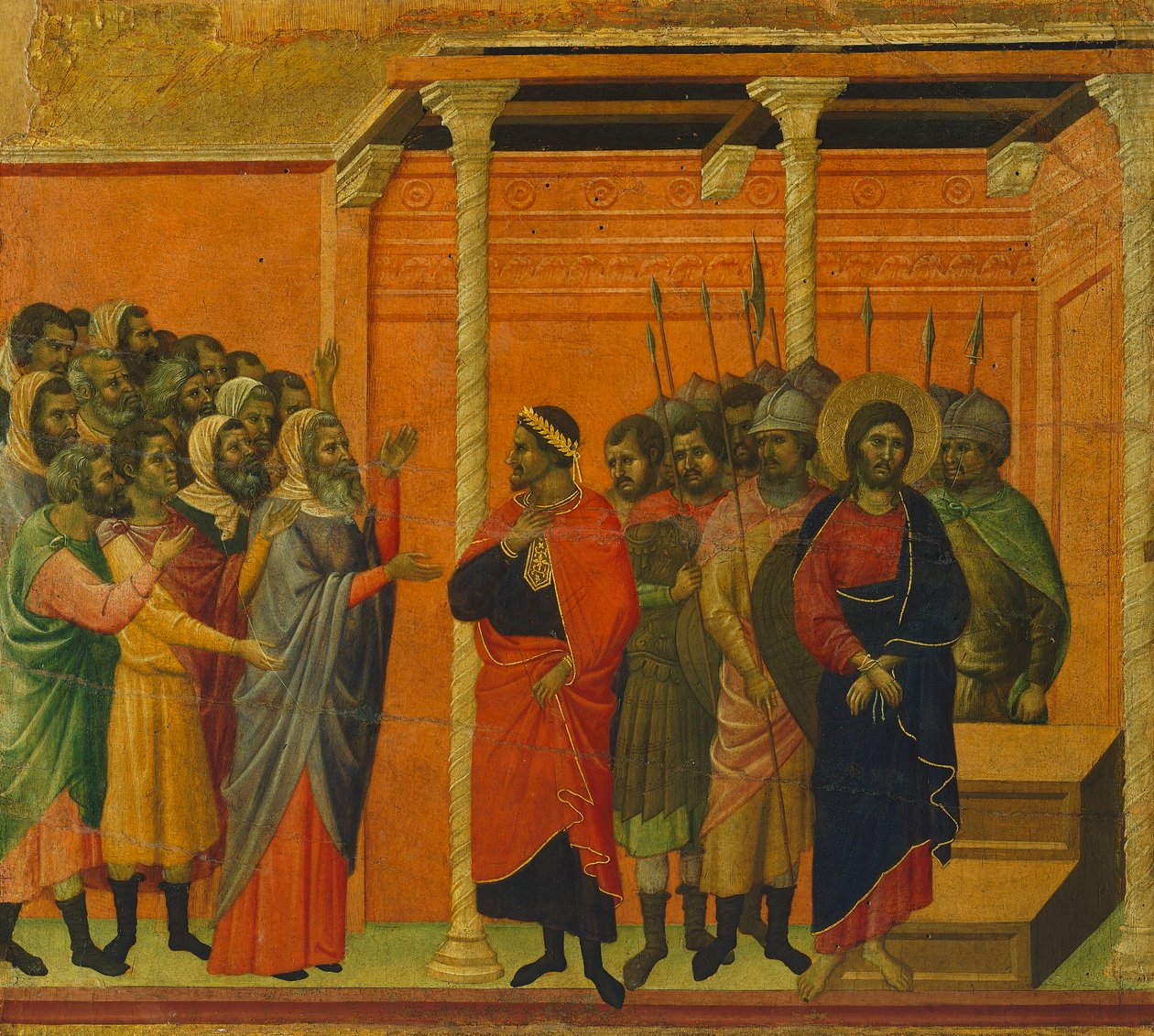 Altarpiece: Cristo acusado pelos fariseus, detalhe de um azulejo das Histórias da Paixão e Ressurreição de Cristo, superfície invertida da "Maesta" na Catedral de Siena de Duccio di Buoninsegna