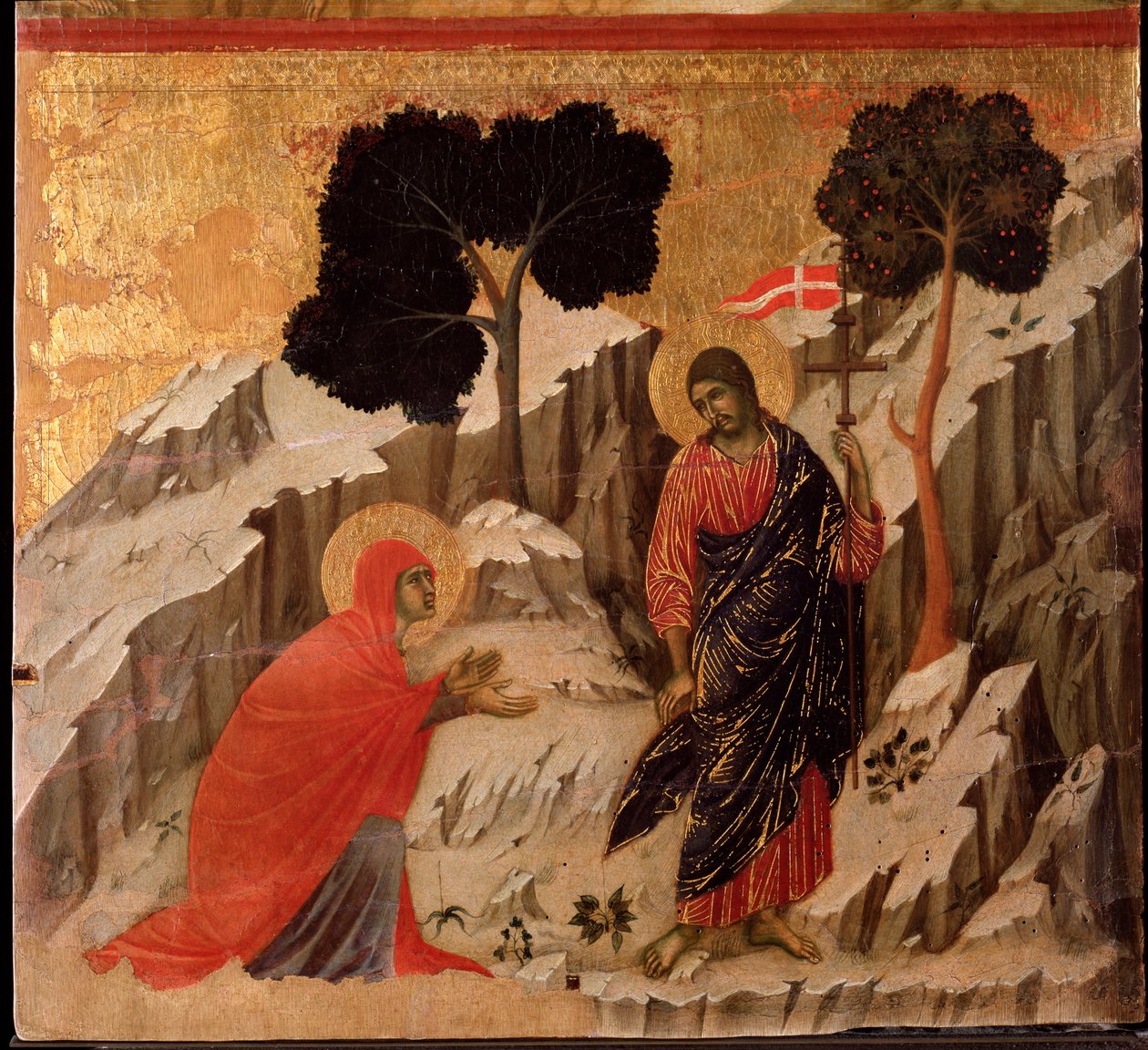 A aparição de Jesus a Maria Madalena após a ressurreição. retábulo da Maesta (tempera e ouro sobre madeira de Duccio di Buoninsegna