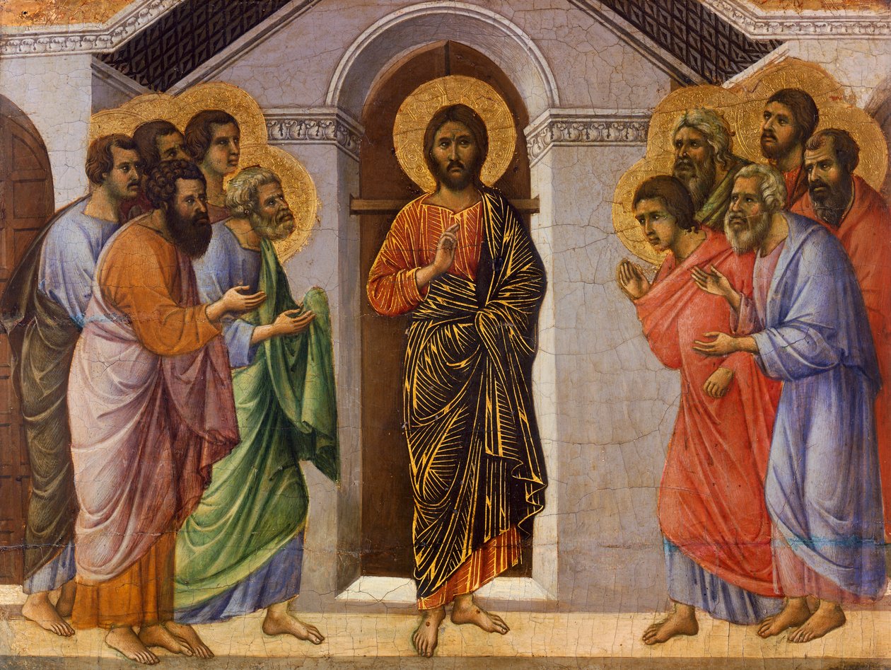 Cristo aparece aos apóstolos atrás das portas fechadas, detalhe de Episódios da Paixão e Ressurreição de Cristo, parte de Maesta