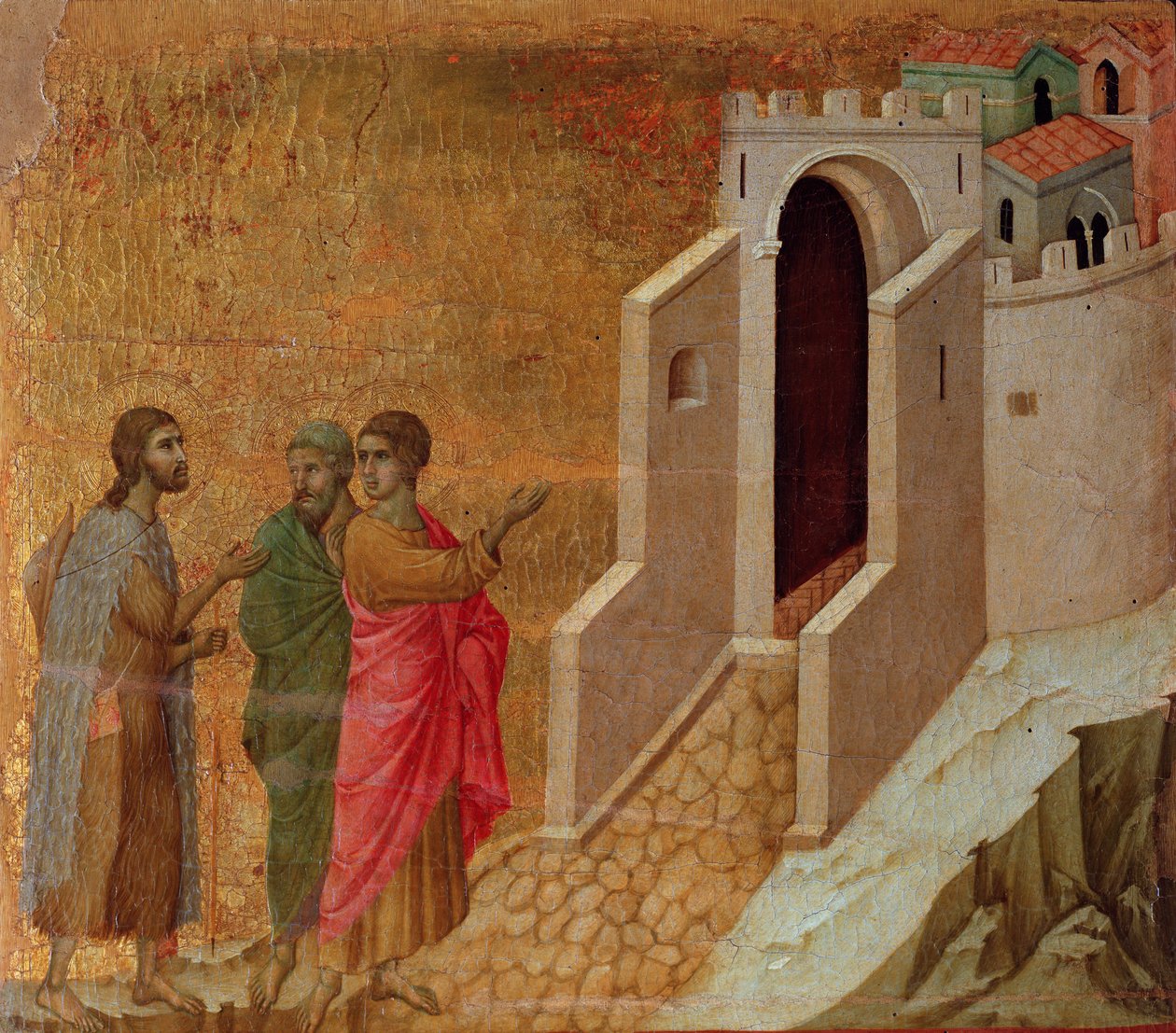 Cristo e os peregrinos às portas da cidade de Emaús. retábulo da Maesta (tempera e ouro sobre madeira de Duccio di Buoninsegna