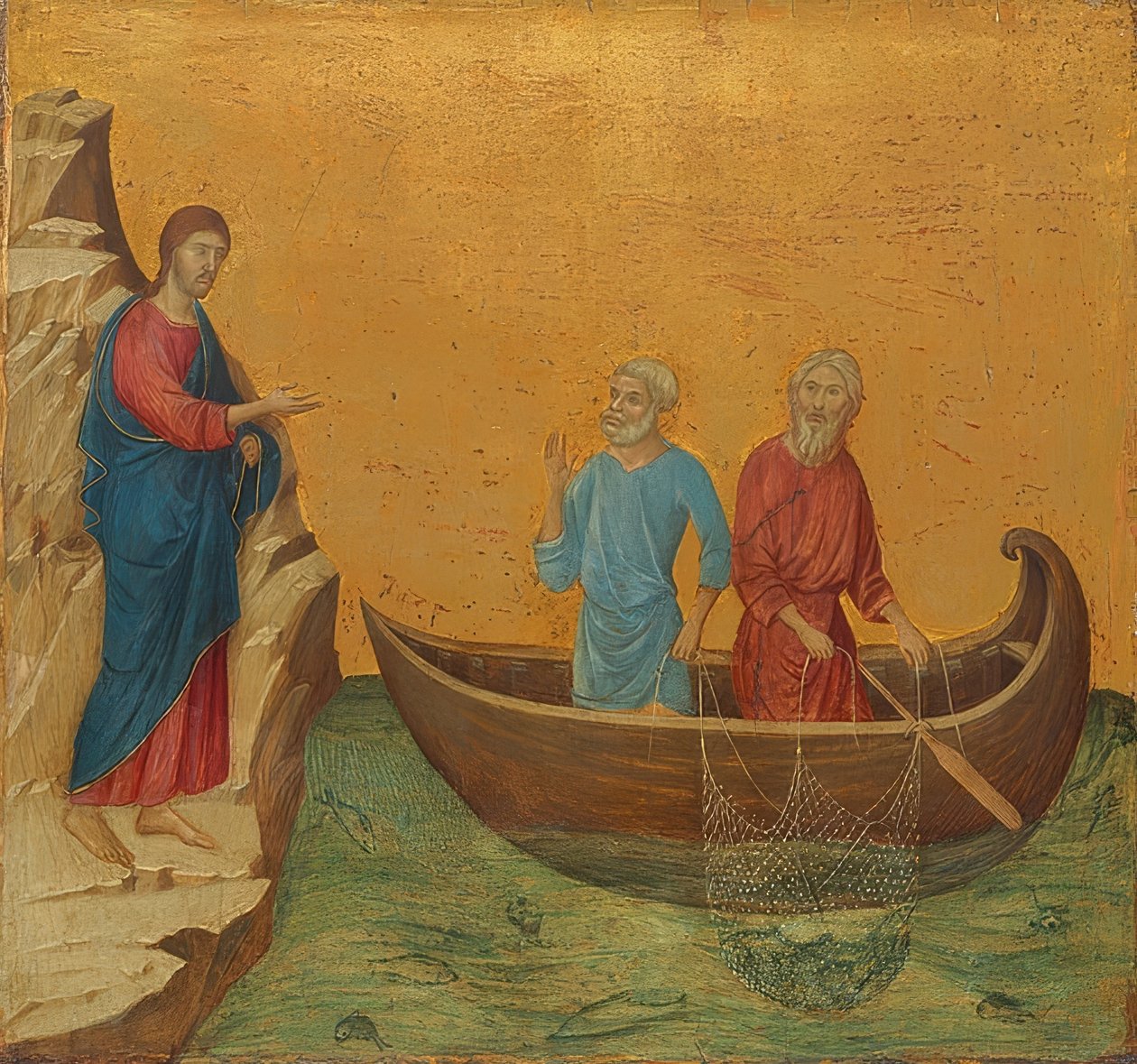 A maravilhosa viagem de pesca e o chamado dos apóstolos Pedro e Andreas. 1308-11 de Duccio di Buoninsegna