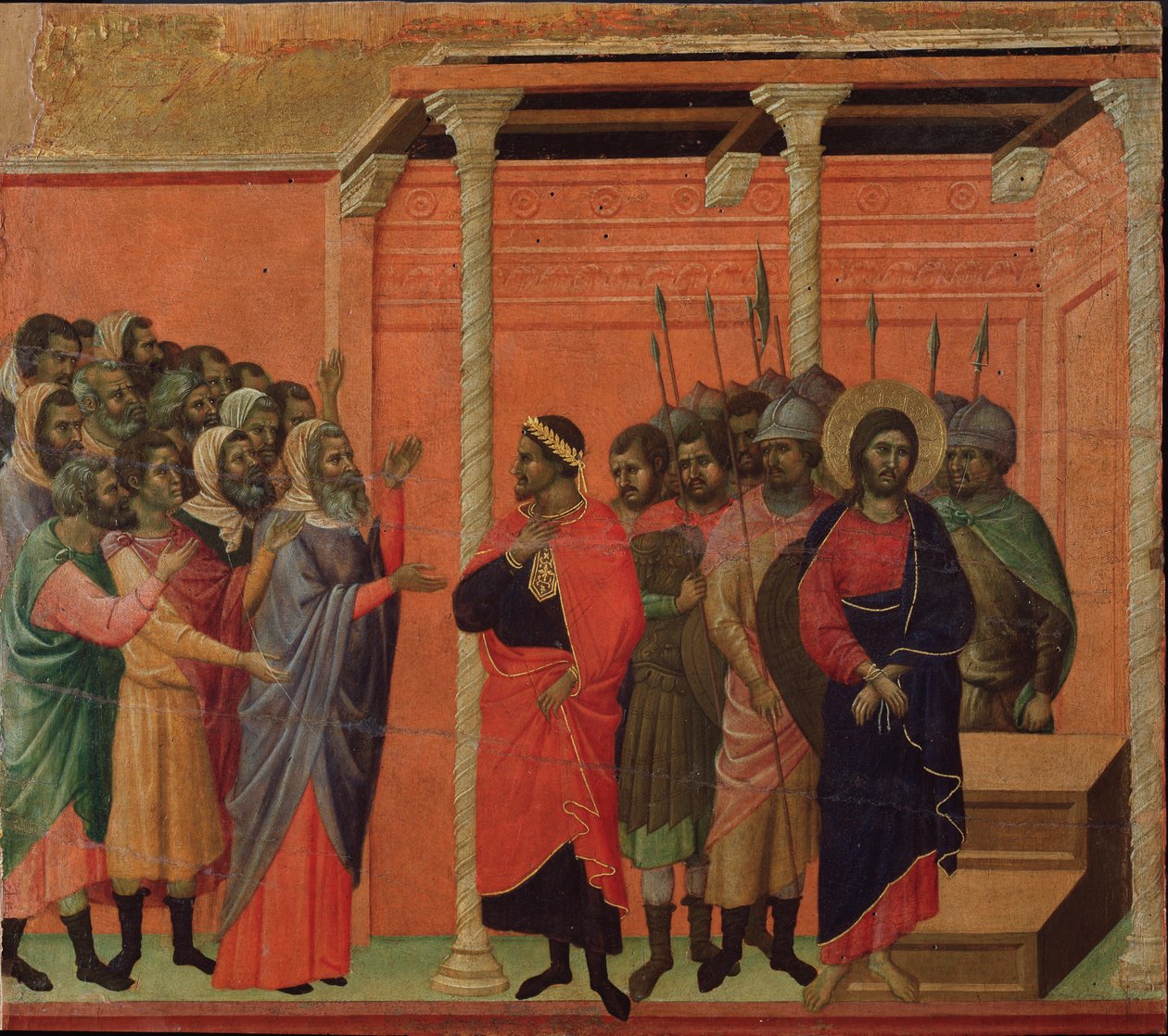 Jesus acusado pelos fariseus. retábulo da Maesta (tempera e ouro sobre madeira de Duccio di Buoninsegna