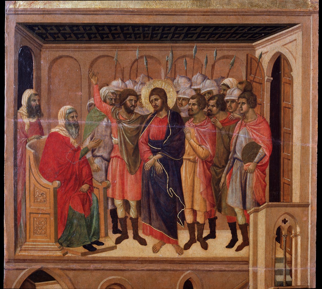 Jesus na frente de Annas. retábulo da Maesta (tempera e ouro sobre madeira de Duccio di Buoninsegna
