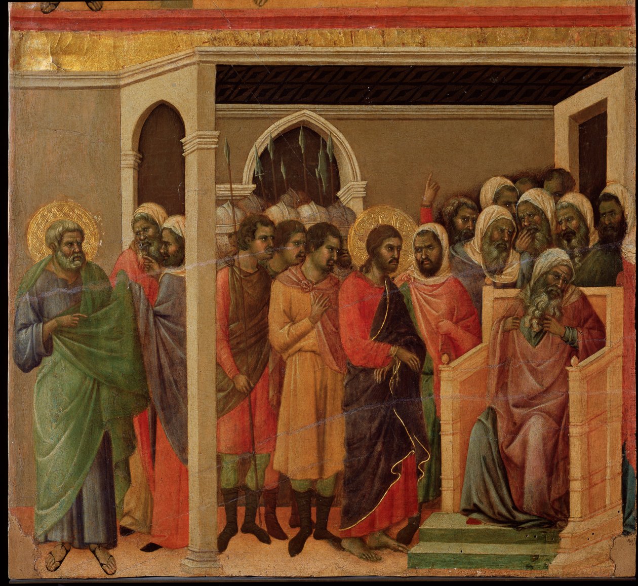 Jesus na frente de Caifás. retábulo da Maesta (tempera e ouro sobre madeira de Duccio di Buoninsegna