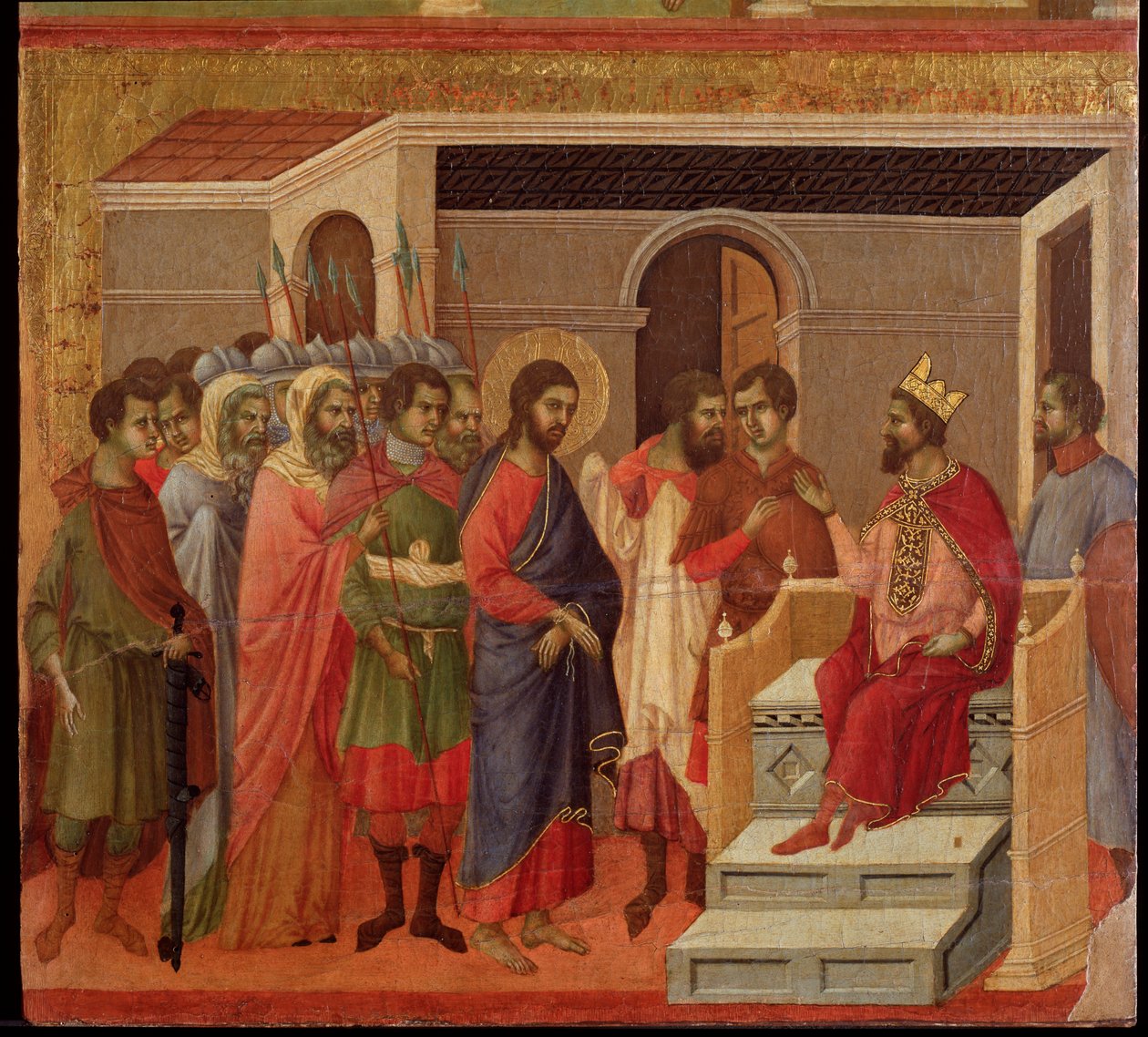 Jesus em frente de Herodes. retábulo da Maesta (tempera e ouro sobre madeira de Duccio di Buoninsegna