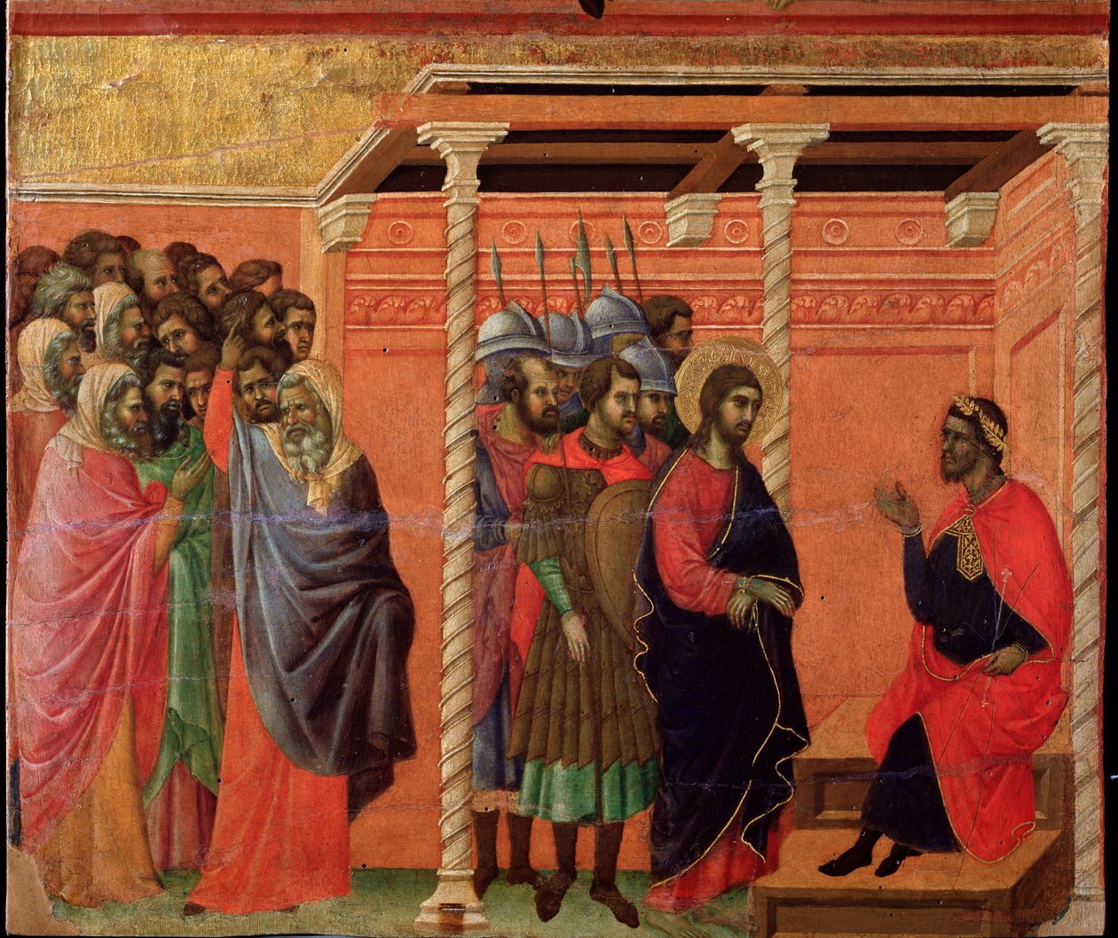 Jesus em frente de Pôncio Pilatos. retábulo da Maesta (tempera e ouro sobre madeira de Duccio di Buoninsegna