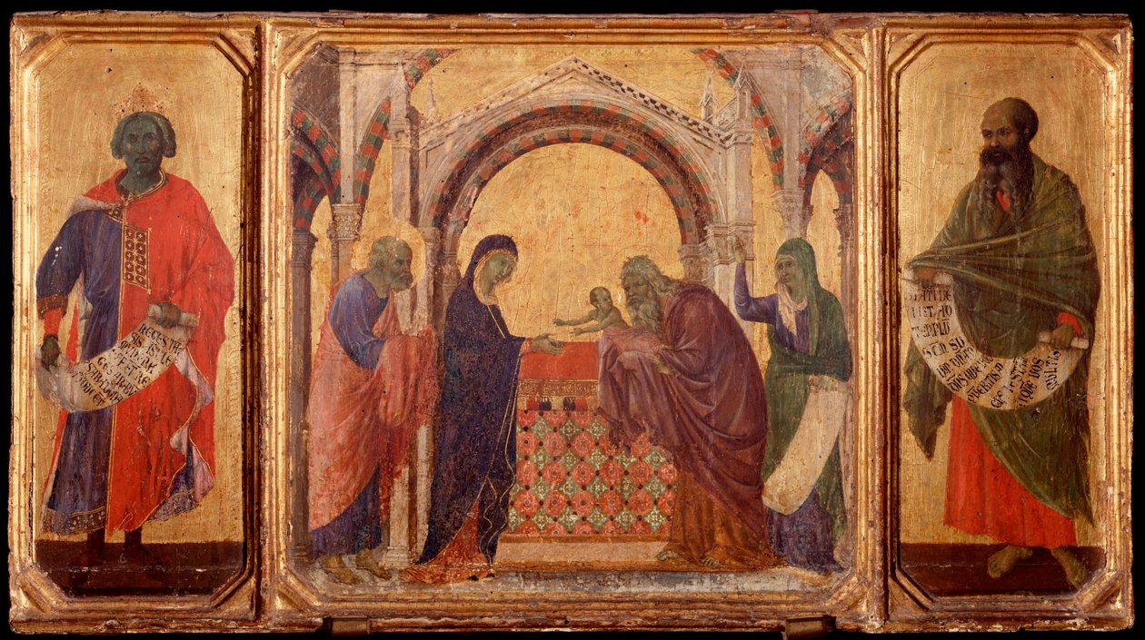 Vida do Cristo: Rei Salomão, a apresentação no templo, Malaquias. Predellla de La Maesta (tempera sobre madeira de Duccio di Buoninsegna