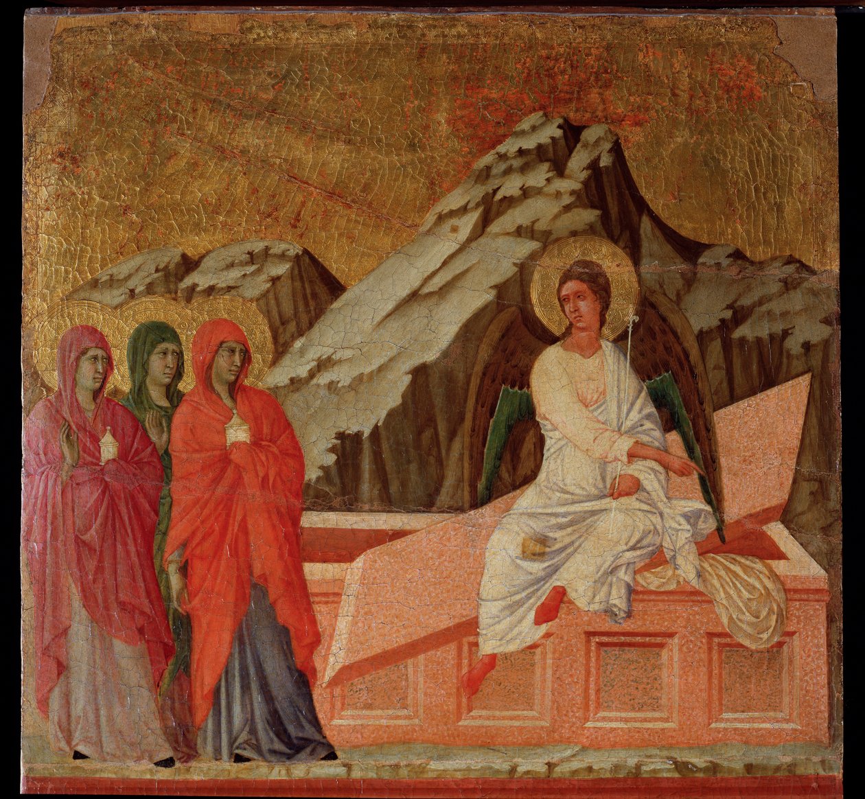 Paixão: as Marias no Sepulcro. retábulo da Maesta (tempera e ouro sobre madeira de Duccio di Buoninsegna