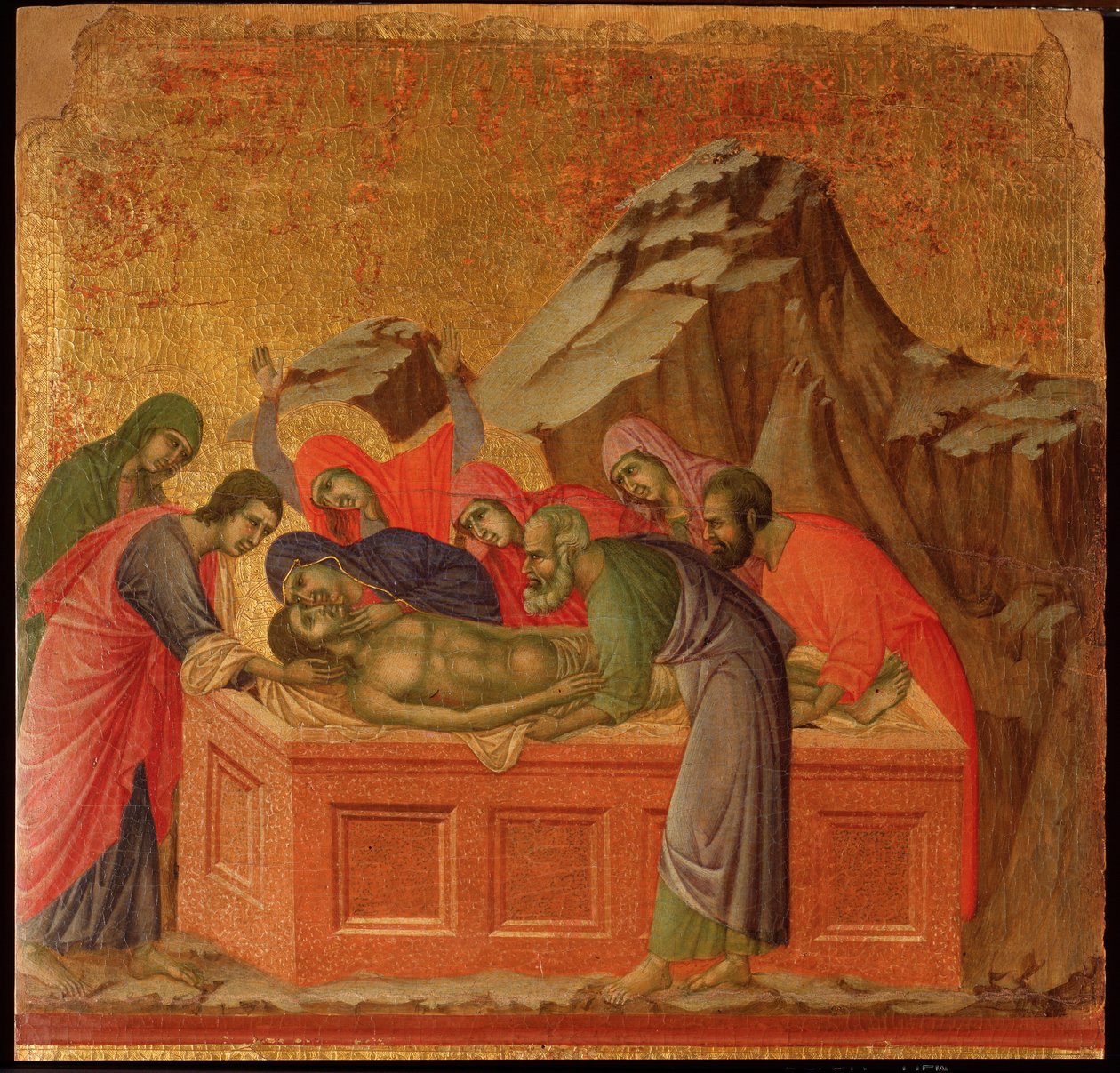 Paixão: o sepultamento. retábulo da Maesta (tempera e ouro sobre madeira de Duccio di Buoninsegna