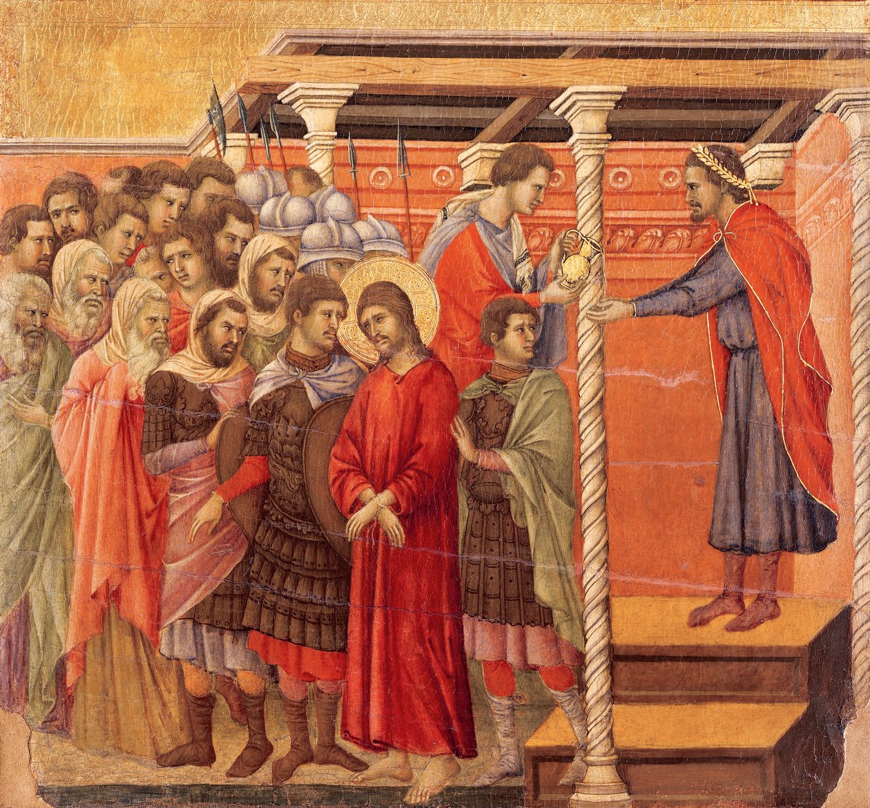 Pilatos lavando as mãos, detalhe de Episódios da Paixão e Ressurreição de Cristo, superfície invertida de Maesta