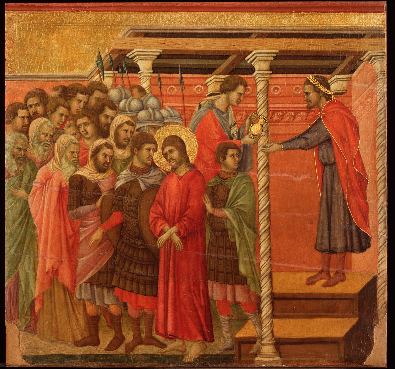 Pôncio Pilatos lava-lhe as mãos. retábulo da Maesta (tempera e ouro sobre madeira de Duccio di Buoninsegna