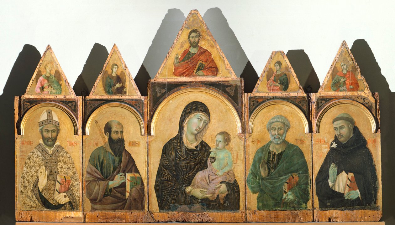 A Virgem Santa com o Cristo Menino e os Santos Agostinho, Paulo, Pedro e Domenico (ou Políptico n° 28), cerca de 1305, de Duccio di Buoninsegna (ca 1255 - pré-1319), tempera e ouro sobre madeira de Duccio di Buoninsegna