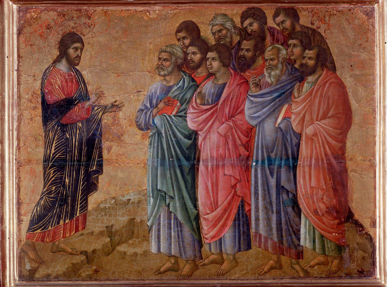 O aparecimento do Cristo ressuscitado nas montanhas da Galileia. O retábulo da Maesta (tempera e ouro sobre madeira de Duccio di Buoninsegna