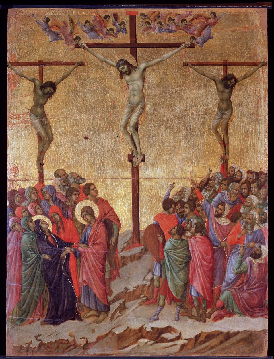 A crucificação. Dos lados, o bom ladrão (Dismas) e o ladrão impenitente (Gestas). O retábulo da Maesta (tempera e ouro sobre madeira de Duccio di Buoninsegna