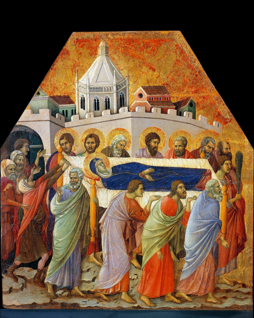 O funeral da Virgem, São João com a palma da mão abre o caminho (tempera na madeira de Duccio di Buoninsegna