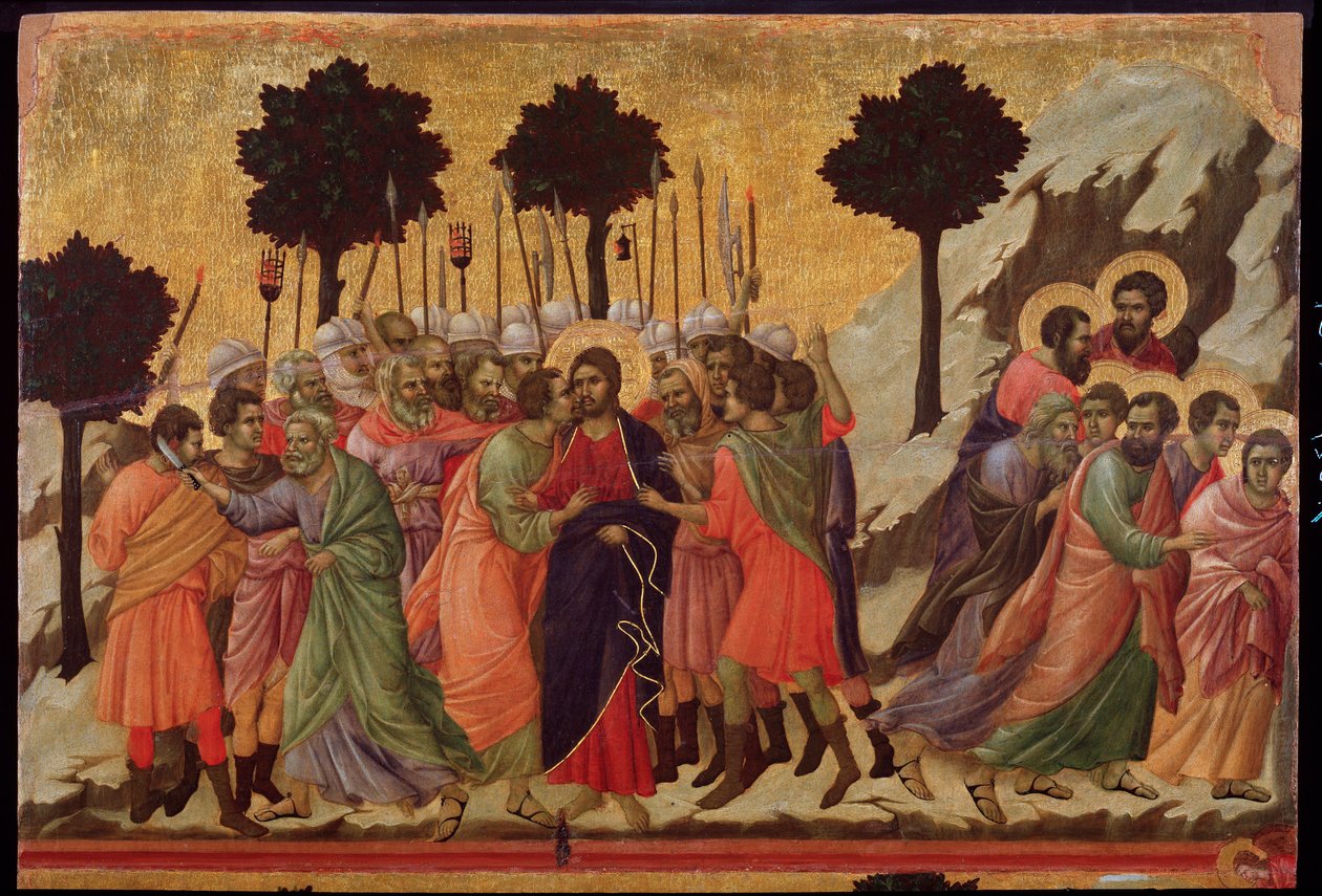 O beijo de Judas e a captura de Jesus. O retábulo da Maesta (tempera sobre madeira de Duccio di Buoninsegna
