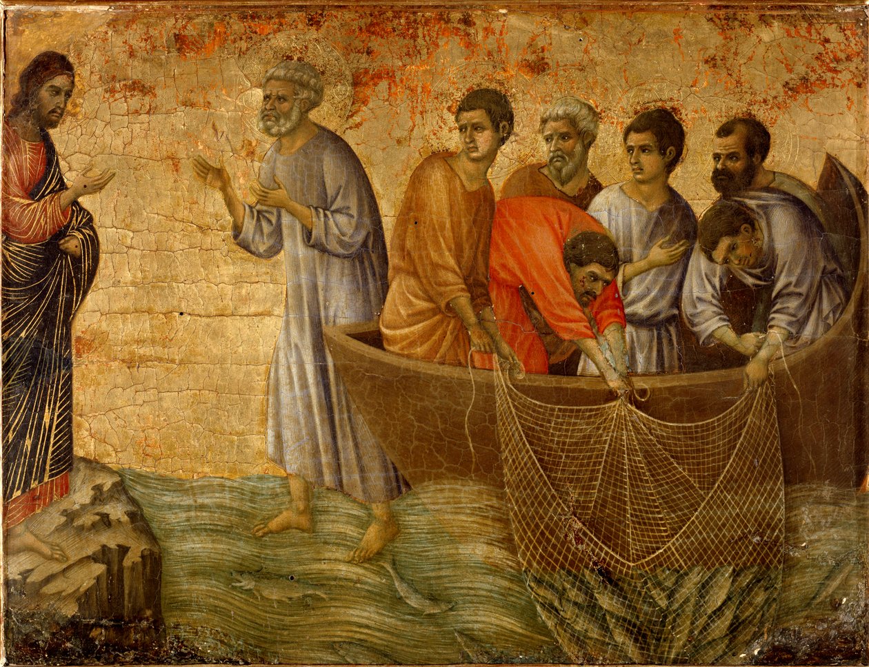 O segundo pecado milagroso: a aparição de Cristo aos apóstolos no Lago Tiberiad de Duccio di Buoninsegna