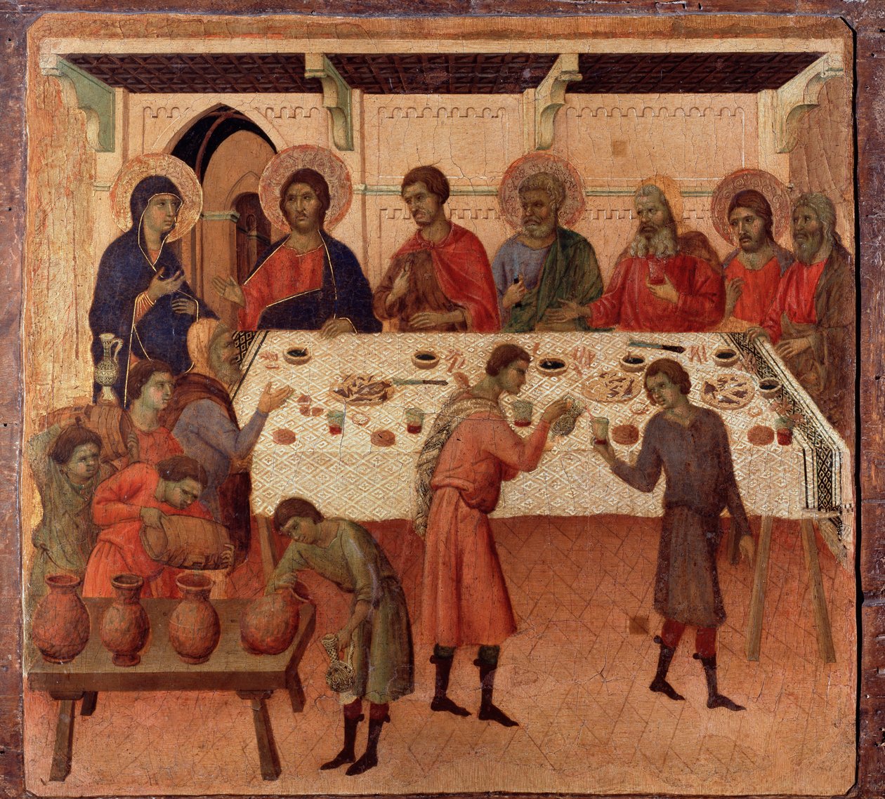 O casamento em Caná. A parte de trás do retábulo (tempera e ouro sobre madeira de Duccio di Buoninsegna