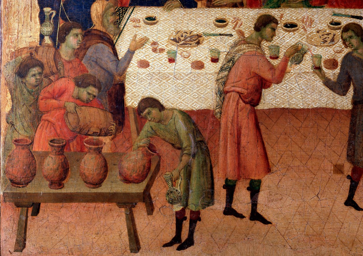 O casamento em Caná. Detalhe, no verso do retábulo (tempera e ouro sobre madeira de Duccio di Buoninsegna