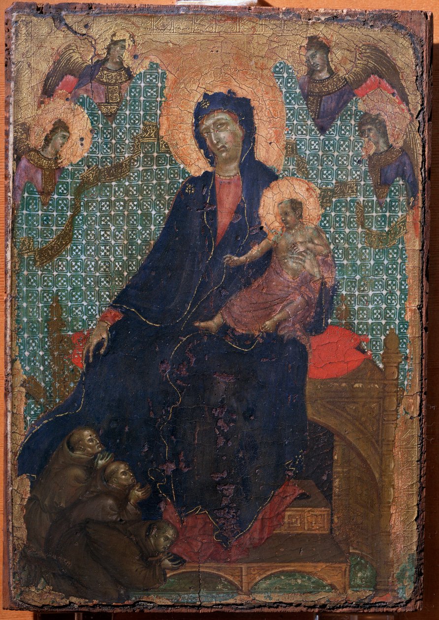 Virgem e criança com três monges franciscanos (Pintura de Duccio di Buoninsegna