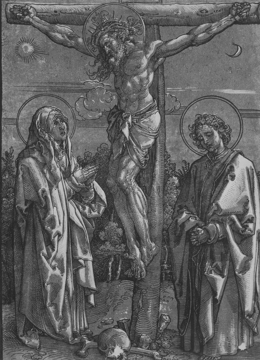 Cristo na Cruz com a Virgem e São João, 1500-1550. de Dürer School.