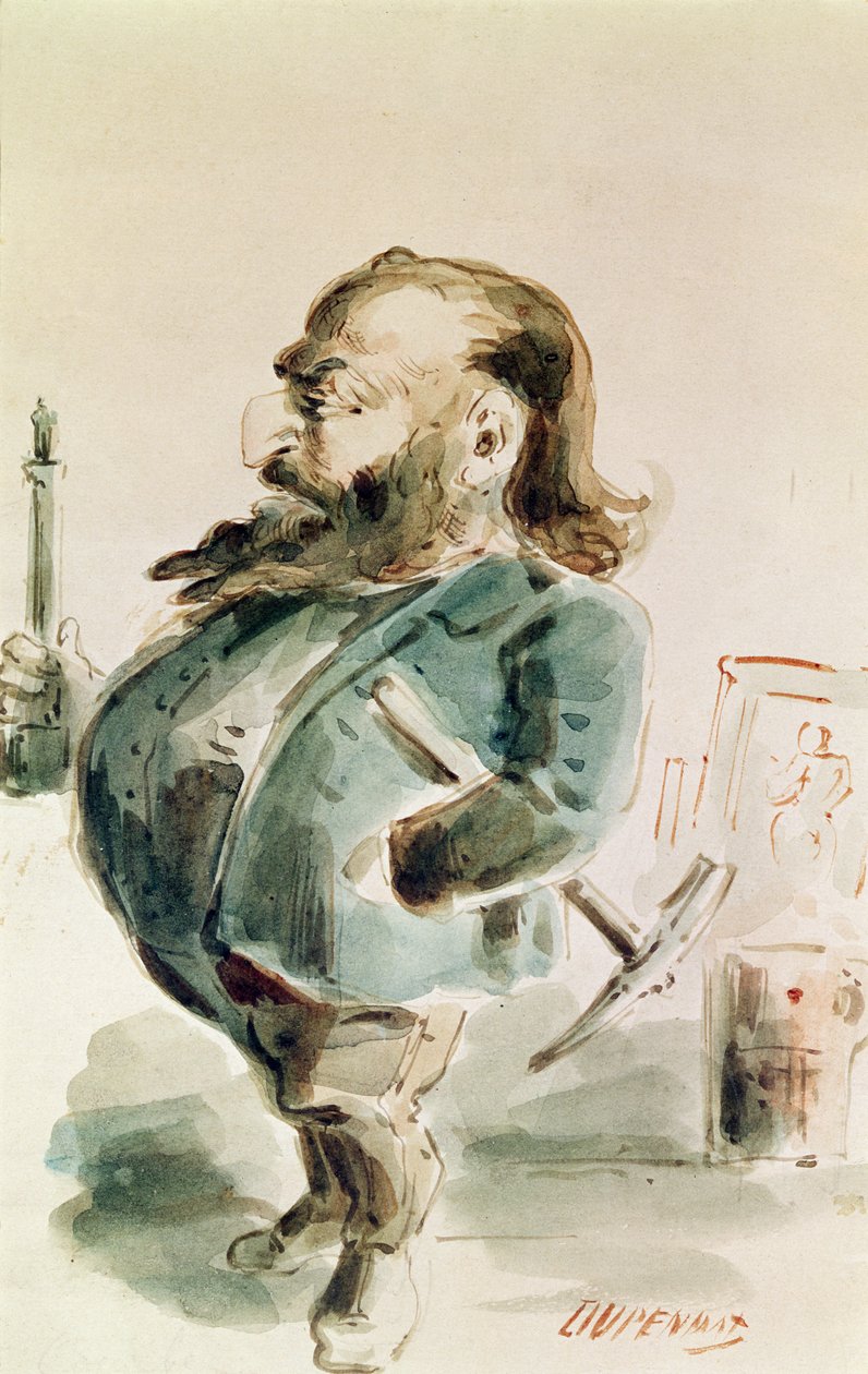 Caricatura de Gustave Courbet (1819-77) segurando a Colonne de Vendome de Dupendant