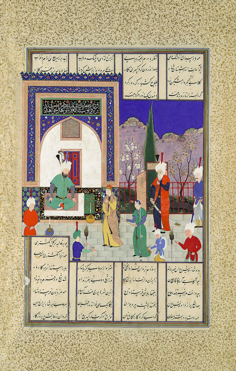 Nushirvan cumprimenta a filha do Khaqan, fólio 633v do Shahnama Book of..., ca. 1530-35. de Dust Muhammad