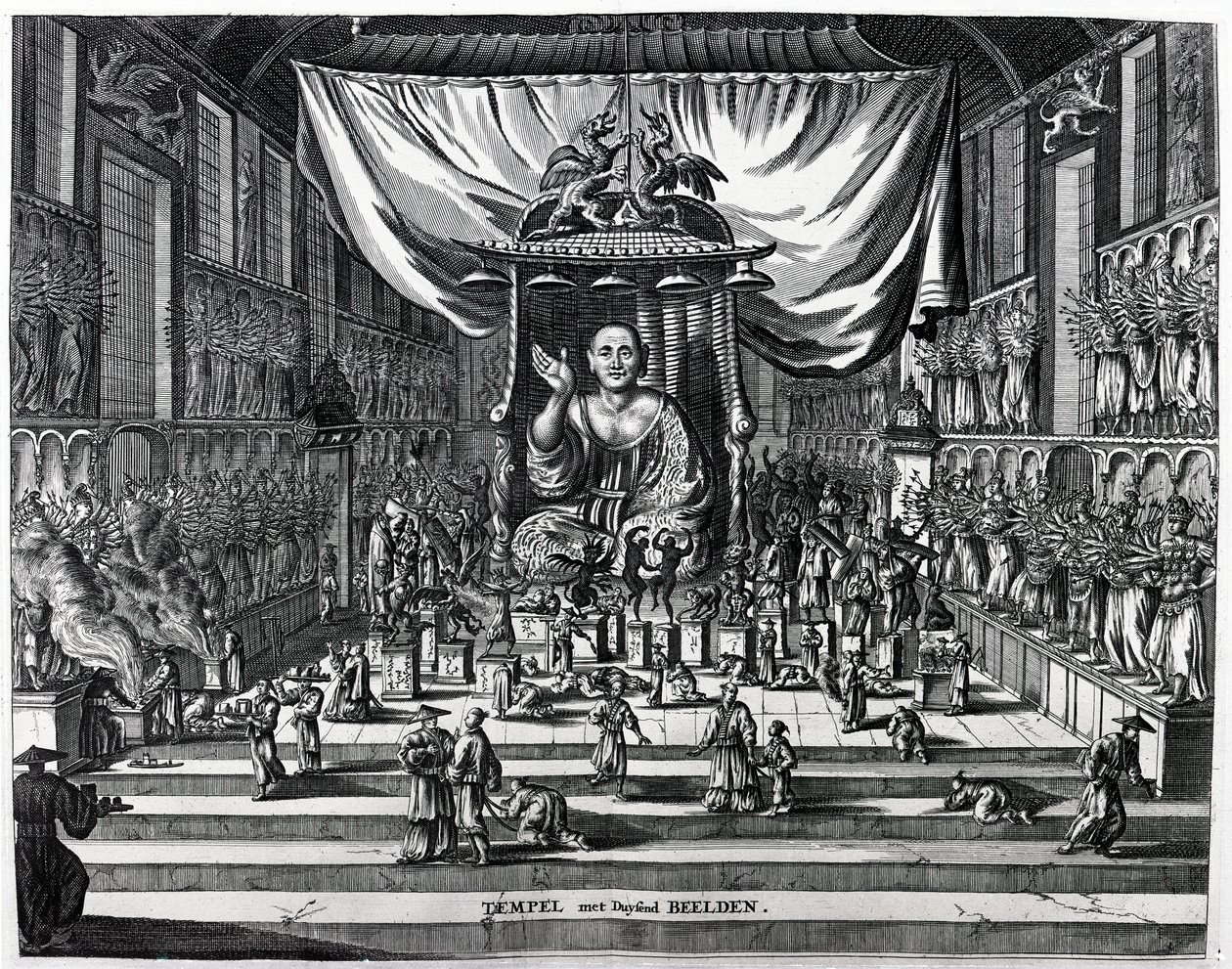 Um templo budista, uma ilustração de "Atlas Chinensis" de Arnoldus Montanus, 1671 de Dutch School