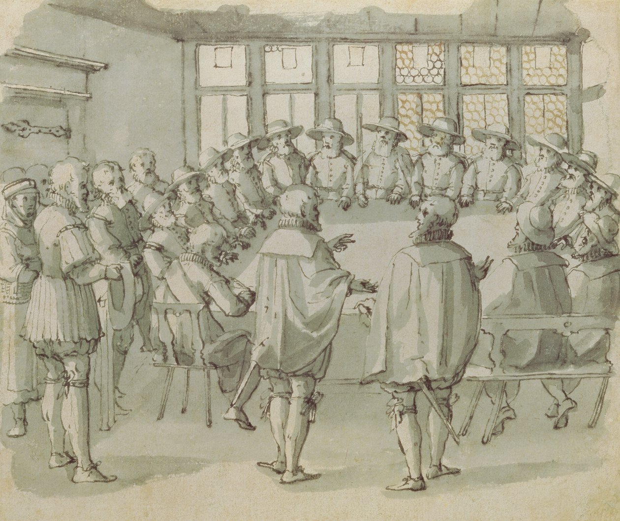 Uma reunião da guilda, segunda metade do século XVII (caneta e tinta com uma lavagem cinza no papel) de Dutch School