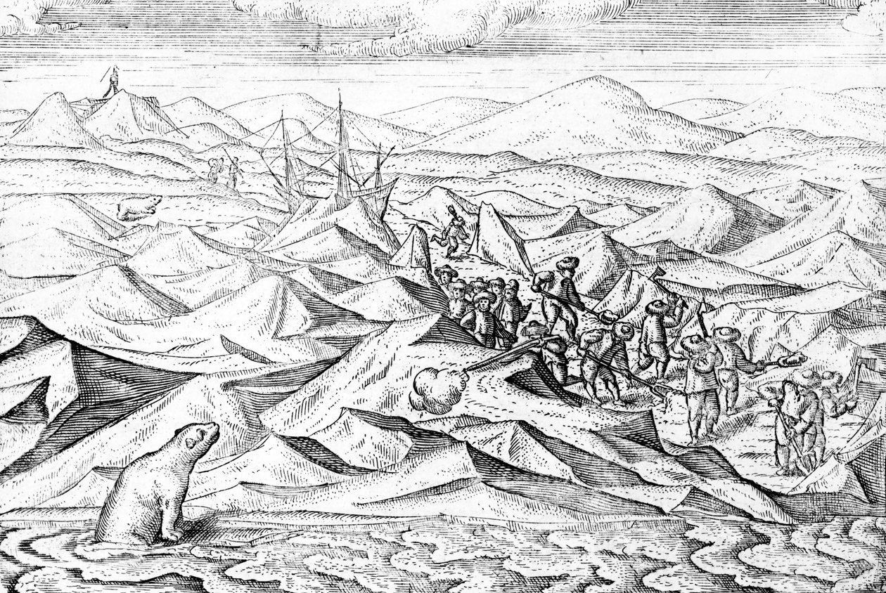 Abrindo caminho para um navio de gelo, ilustração de "As Três Viagens de William Barents às Regiões Árticas", publicada em c.1600 de Dutch School