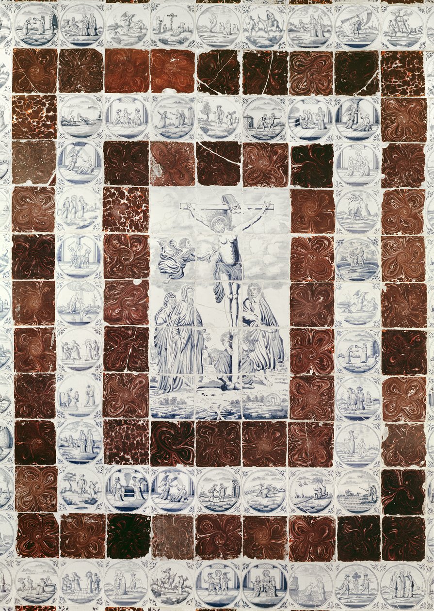 Azulejos de Delft representando a Crucificação com uma borda de azulejos com cenas do Antigo e Novo Testamento (cerâmica) de Dutch School