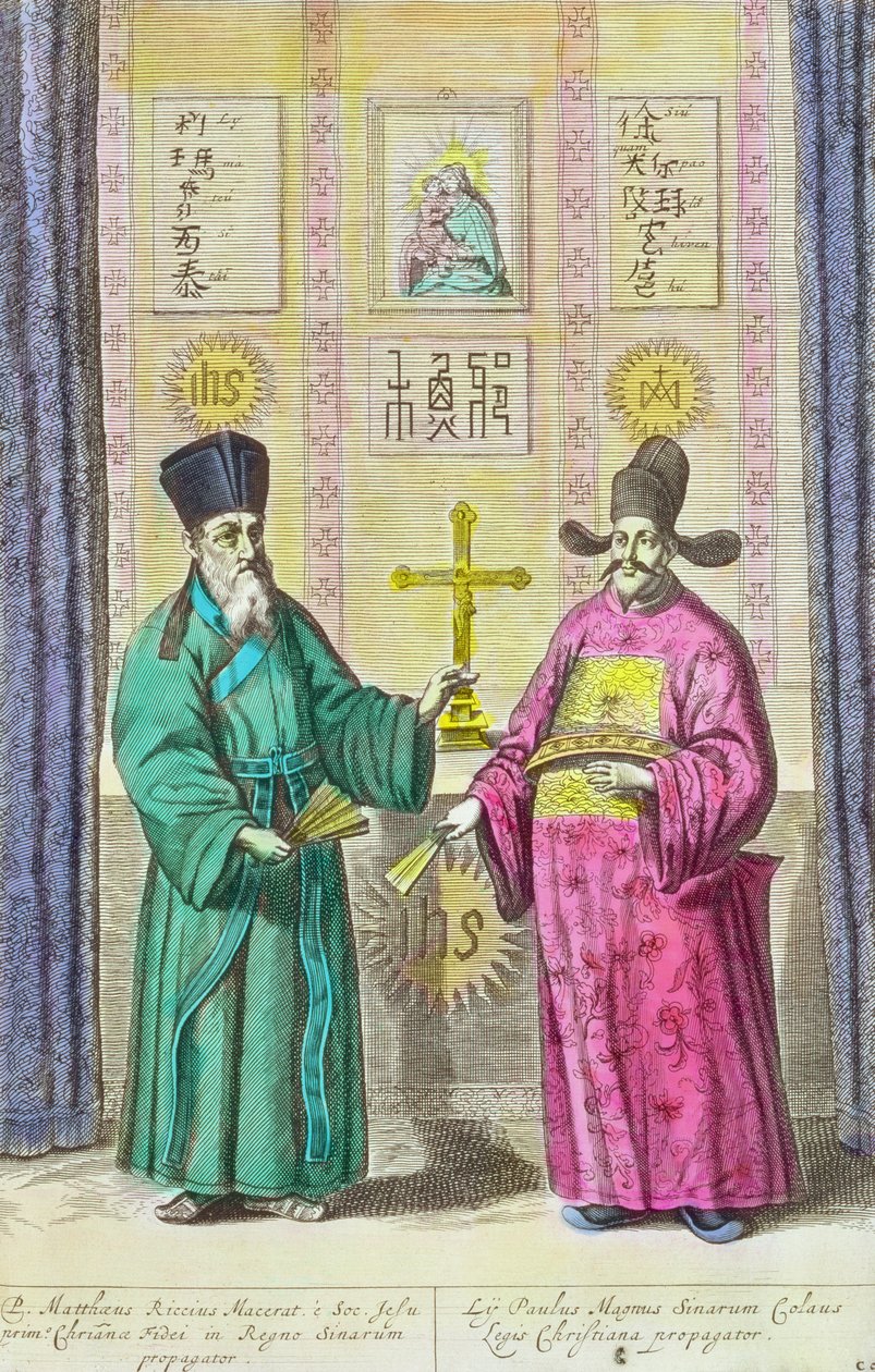 Matteo Ricci (1552-1610) e outro missionário cristão para a China, de &39;China Illustrated&39; por Athanasius Kircher (1601-80) 1667 (posteriormente coloração) de Dutch School