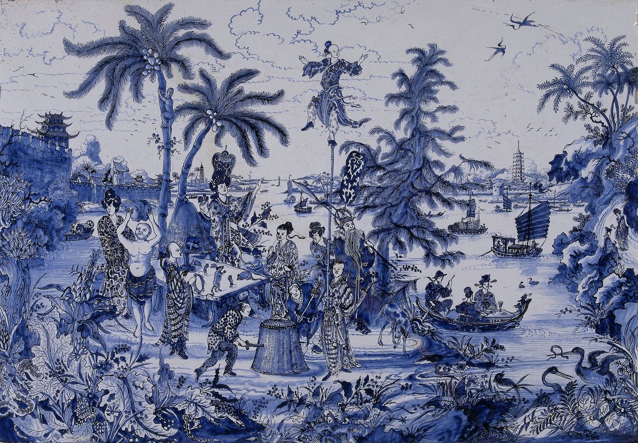 Placa com paisagem chinoiserie e detalhes dourados, c.1680 (faiança) de Dutch School
