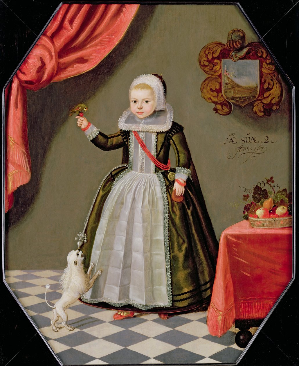Retrato de uma jovem garota com um pássaro em seu dedo e um cachorro em seus pés, 1632 de Dutch School