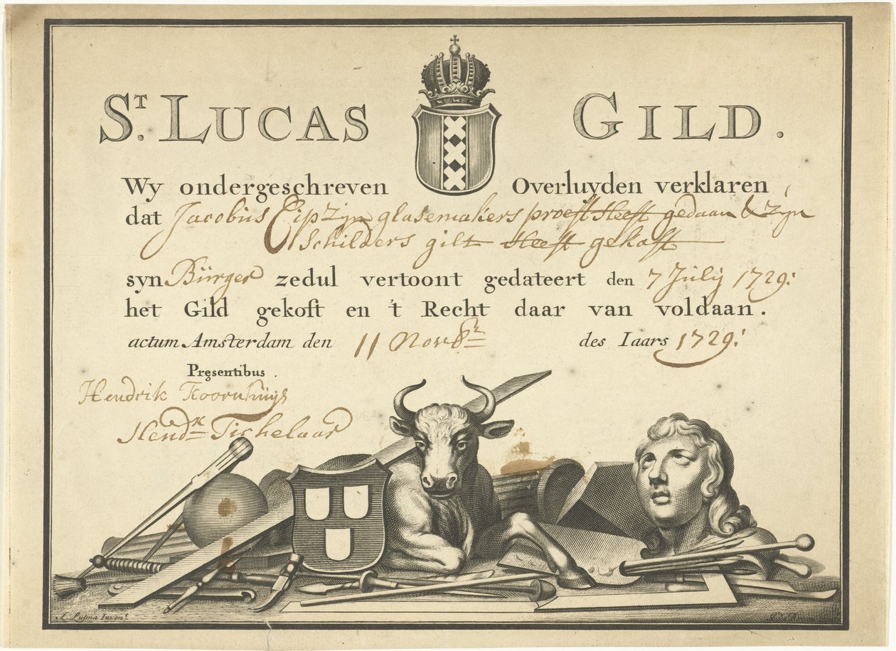 Recibo da Guilda de São Lucas em Amsterdã para o vidraceiro James Cip, 1729 de Dutch School