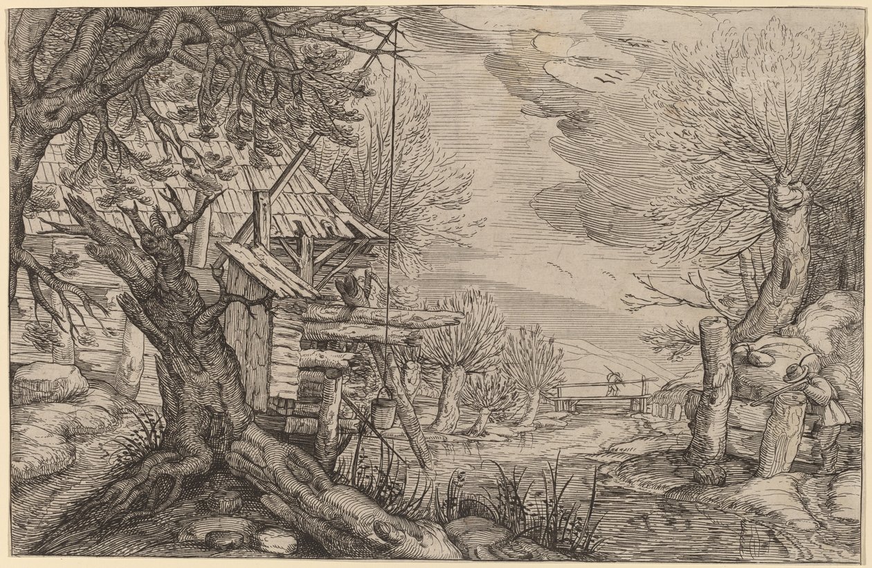 Paisagem com Log House perto de um rio de Dutch 17th Century, formerly Jacques de Gheyn II