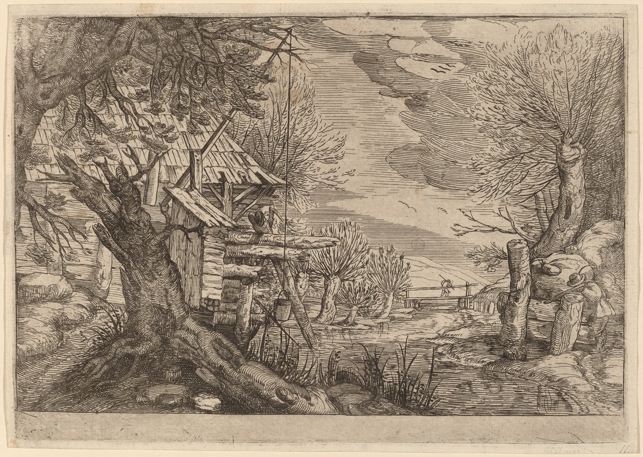 Paisagem com Log House perto de um rio de Dutch 17th Century, formerly Jacques de Gheyn II