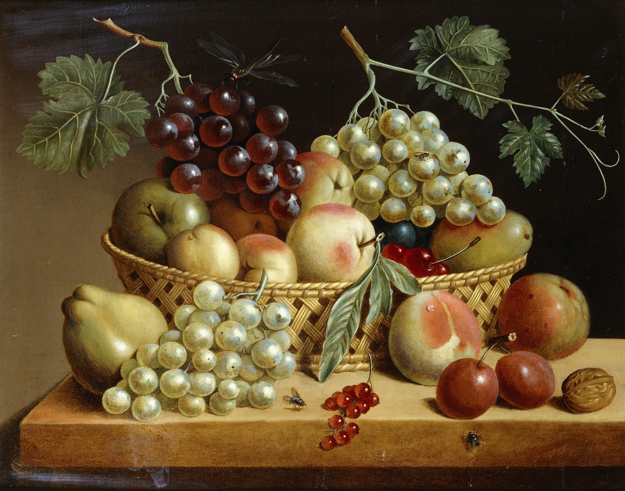 Uma cesta de uvas, maçãs, pêssegos e outras frutas em uma borda, 1833 de Dutch School