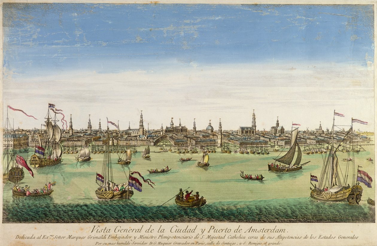 Uma visão geral do porto e da cidade de Amsterdã, gravada por DG Hucquier, século XVI de Dutch School