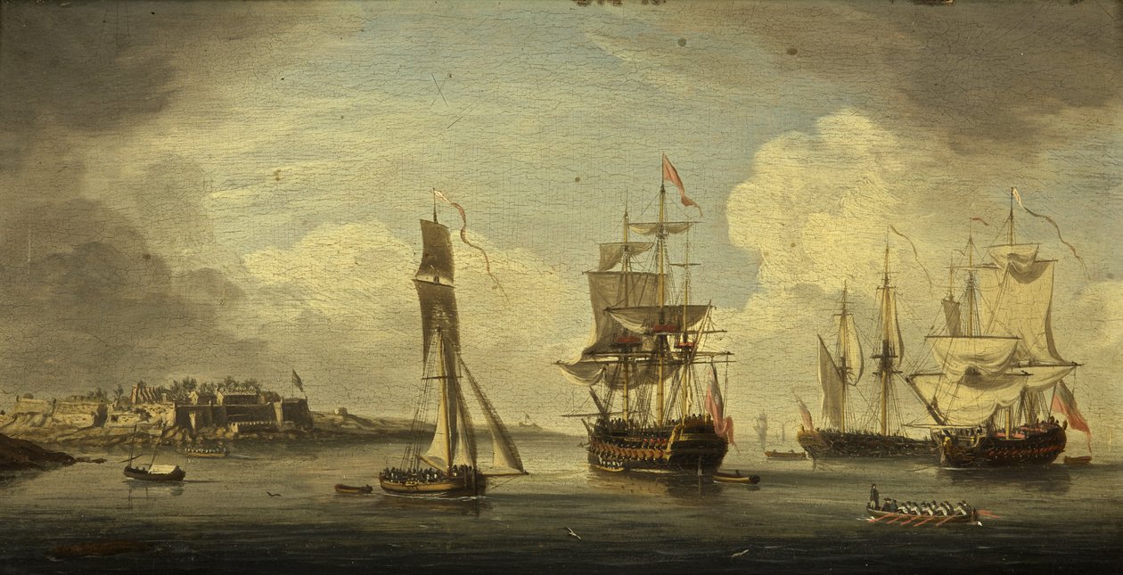 Um Porto Marítimo (óleo sobre painel, mogno) de Dutch School