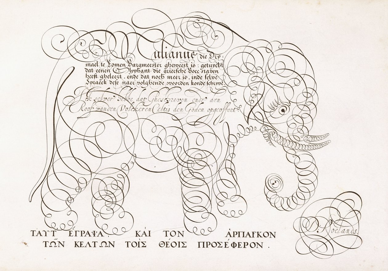 Desenho caligráfico de um elefante, 1616-1617 e final do século XVII de Dutch School