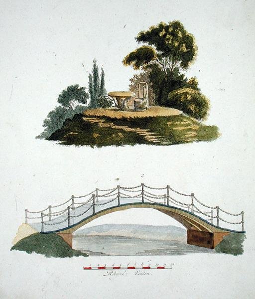 Uma cadeira e mesa rústica e uma ponte ornamental, da 