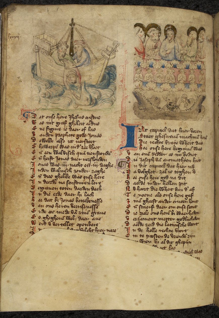 Adicionar. 11575, f.65v Jonas e a Baleia, de Spiegel van der Menschen Behoudenisse (tradução do Espelho da Salvação Humana) (velino) de Dutch School
