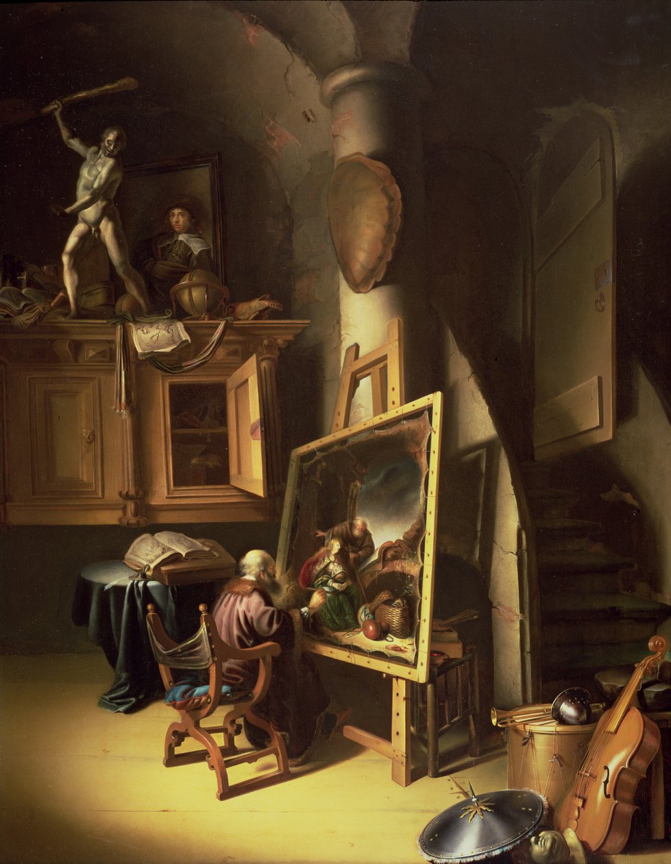 Um artista em seu estúdio, 1635 (painel) de Dutch School